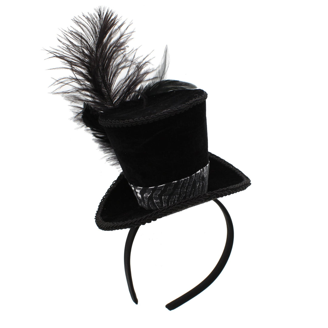 Black Top Hat Fascinator on Aliceband with Clockface Feathers Blackwidowlondon